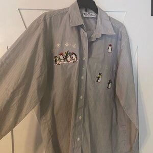 Las Olas Gray Striped Woman’s Shirt with Penguin Embroidery Medium